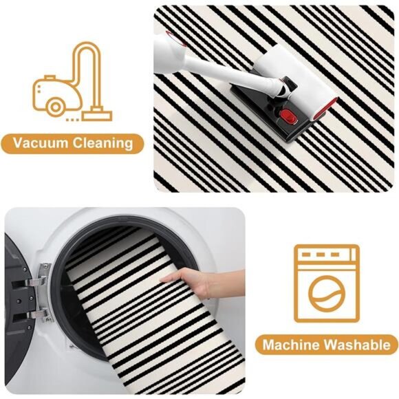 Black and White Striped Outdoor Rug, 2’ x 4.3’ Cotton Hand-Woven Reversible - Picture 5 of 8